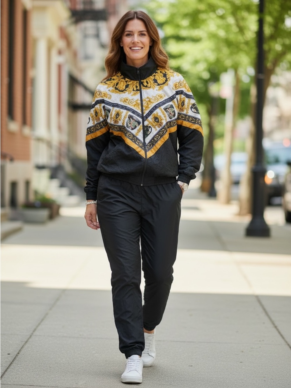 VINTAGE M Baroque Print Windbreaker Jacket Black Track Pants & Ornate Gold-White